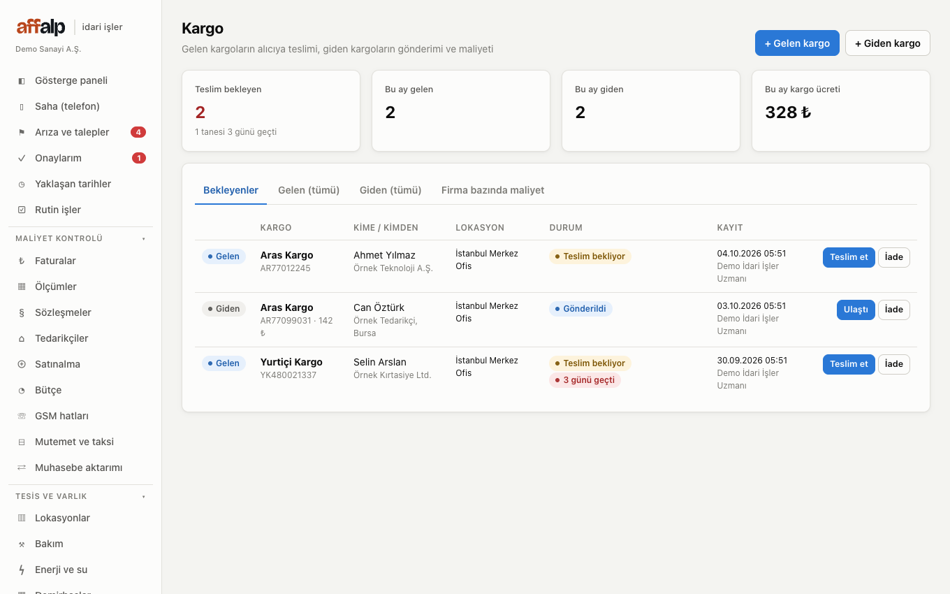 Kargo: teslim bekleyen gelen kargolar ve gönderilen kargolar