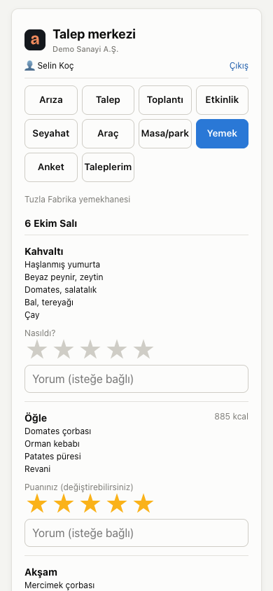 Talep merkezinde menü: haftanın menüsü ve günün yemeğini puanlama