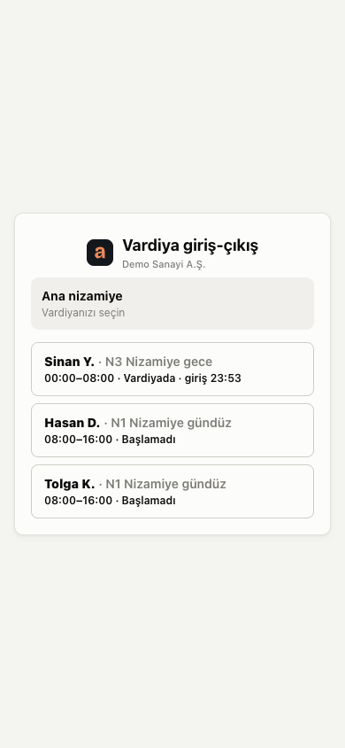 Nizamiyedeki QR etiketi okutulunca açılan vardiya giriş-çıkış sayfası